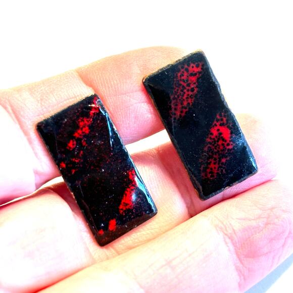 Enamel & copper cufflinks vintage mid century artisan unique rectangles dark red - Picture 5 of 5